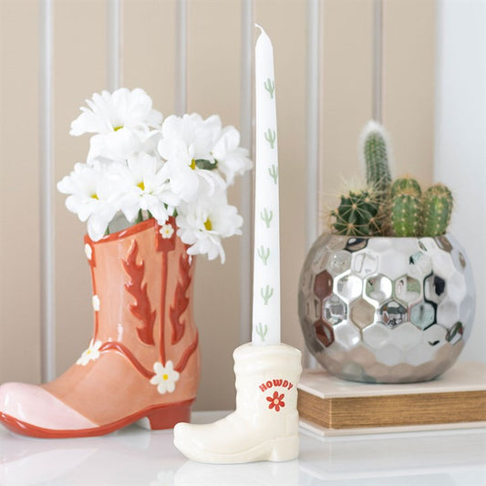 White Cowboy Boot Candle Holder with Taper Candle