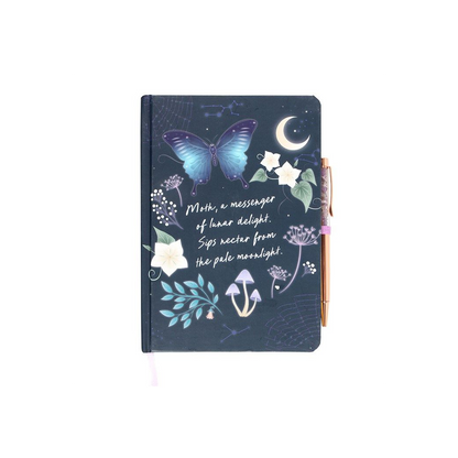 Midnight Navy Blue Moth Journal with Amethyst Crystal Pen