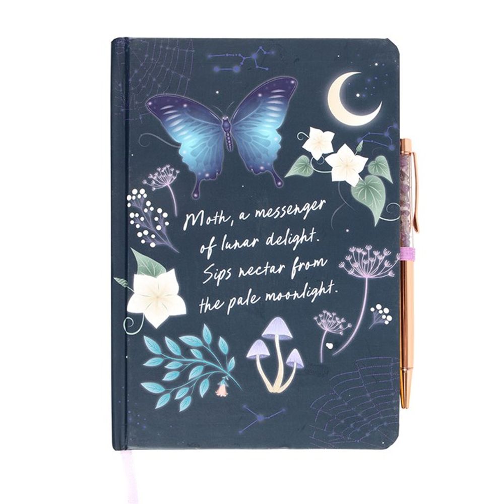 Midnight Navy Blue Moth Journal with Amethyst Crystal Pen